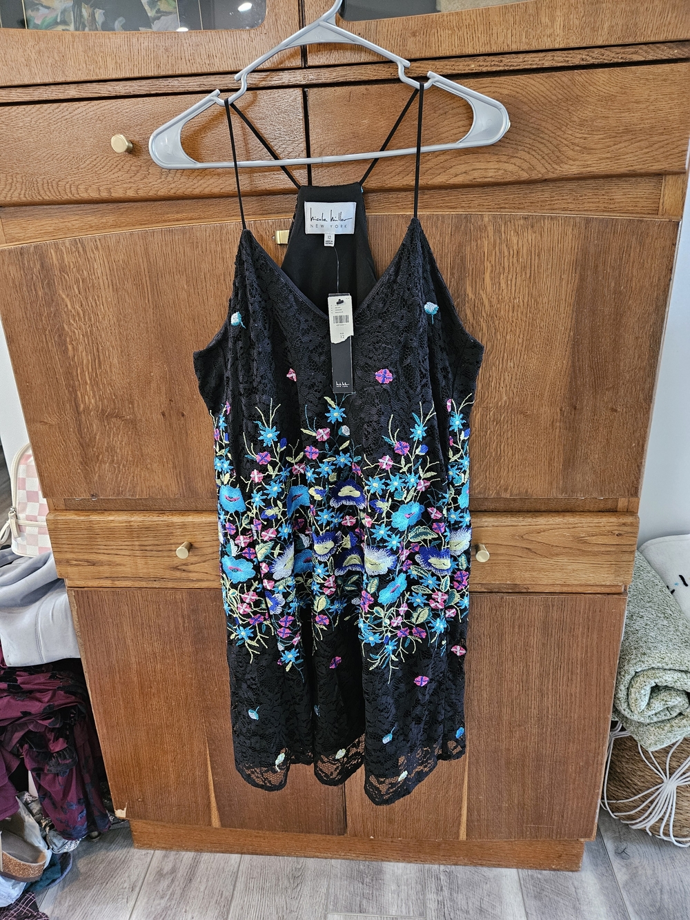 Nicole Miller Black Floral Embroidered Slip Dress